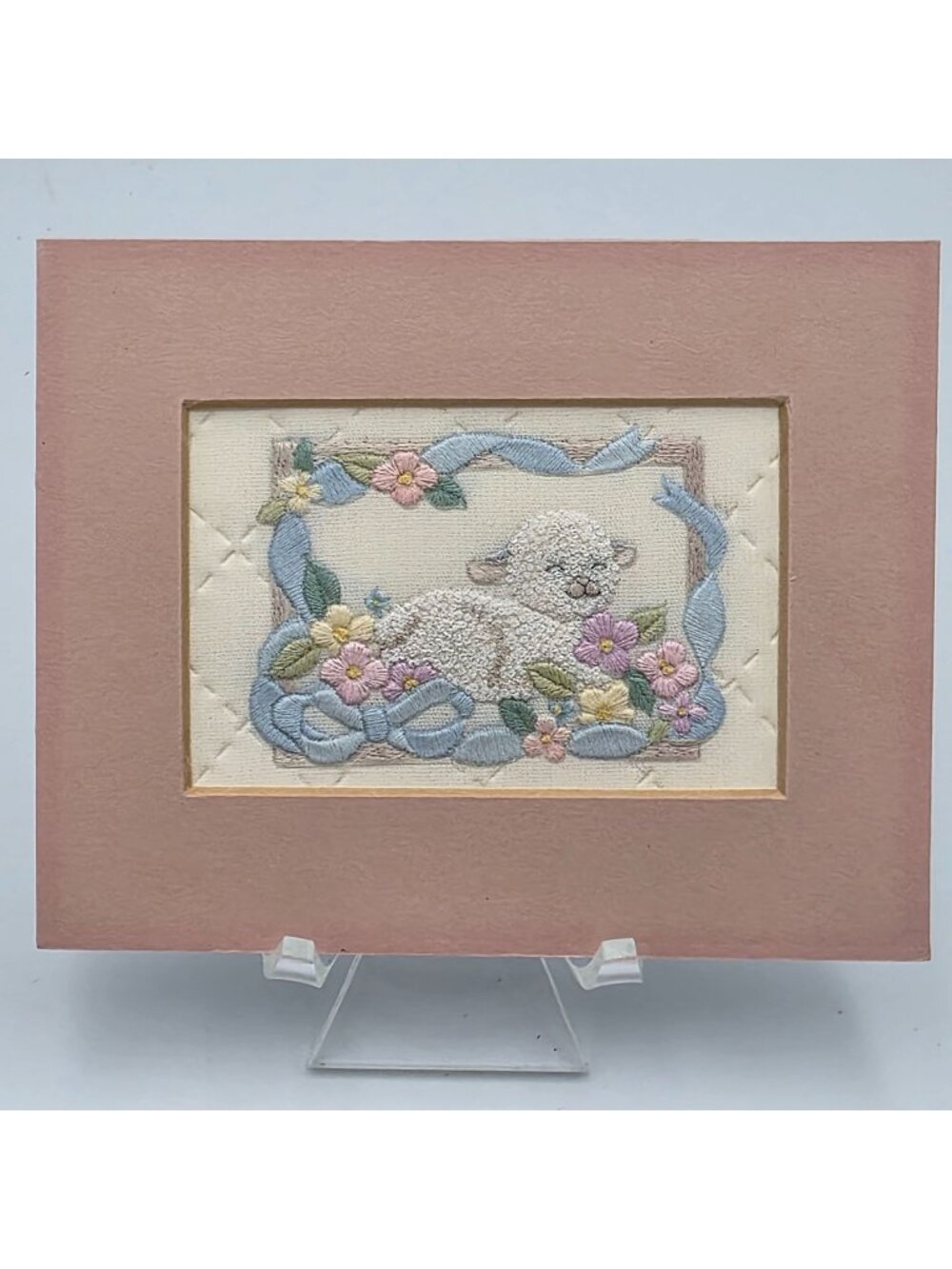 Handmade Faux Embroidery Lamb Wall Art Pressed Card Pink Matte 4"x5"